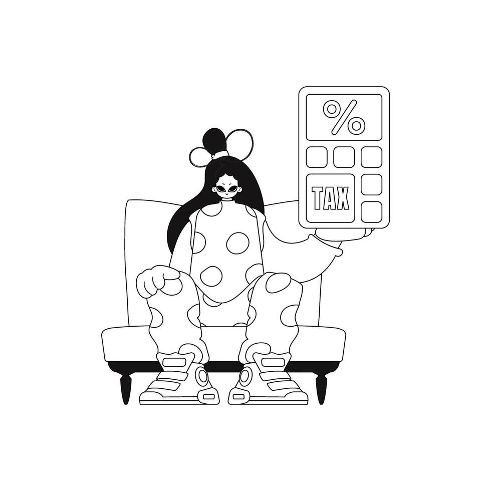 Girl has a calculator. linear artwork in vector format.
