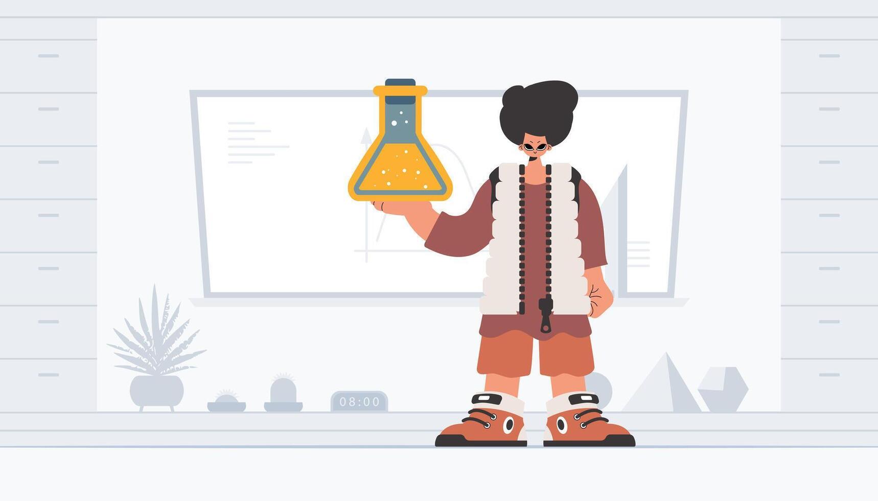 A cartoon man holding a test tube vector