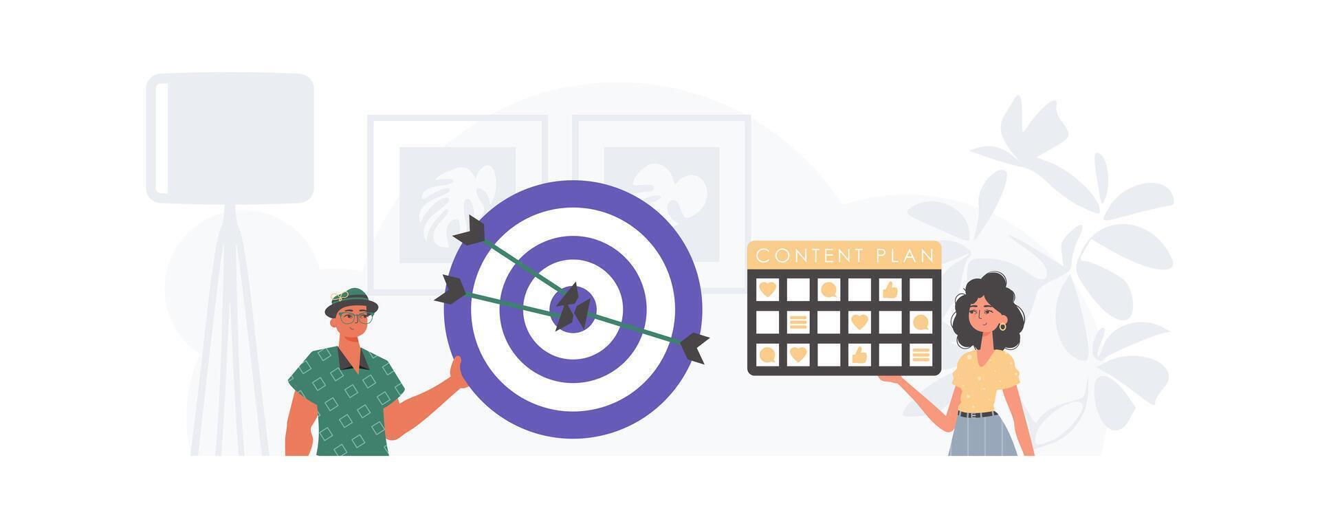 A woman and man are holding a dartboard with a target on it vector