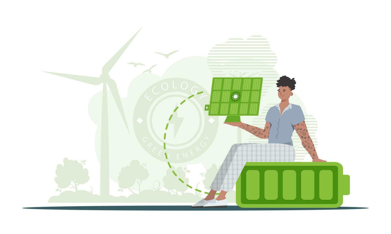 Eco energy concept. The guy sits on a battery and holds a solar panel in his hands. trendy style. Vector illustration.