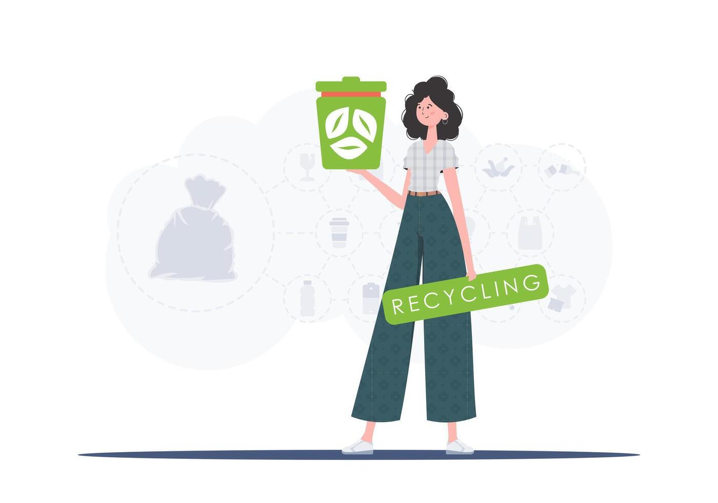 The concept of recycling and zero waste. A woman holds a trash can in her hands. Trendy character style. Vetcor. vector