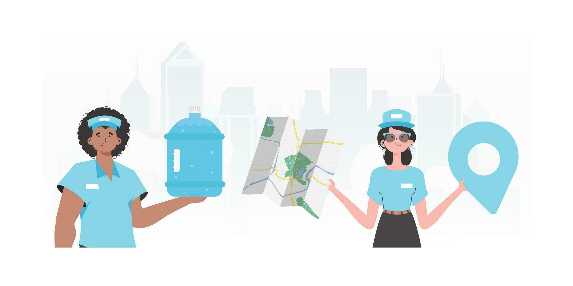 A group of people specializing in the delivery of water. Modern trendy style. Vector illustration.