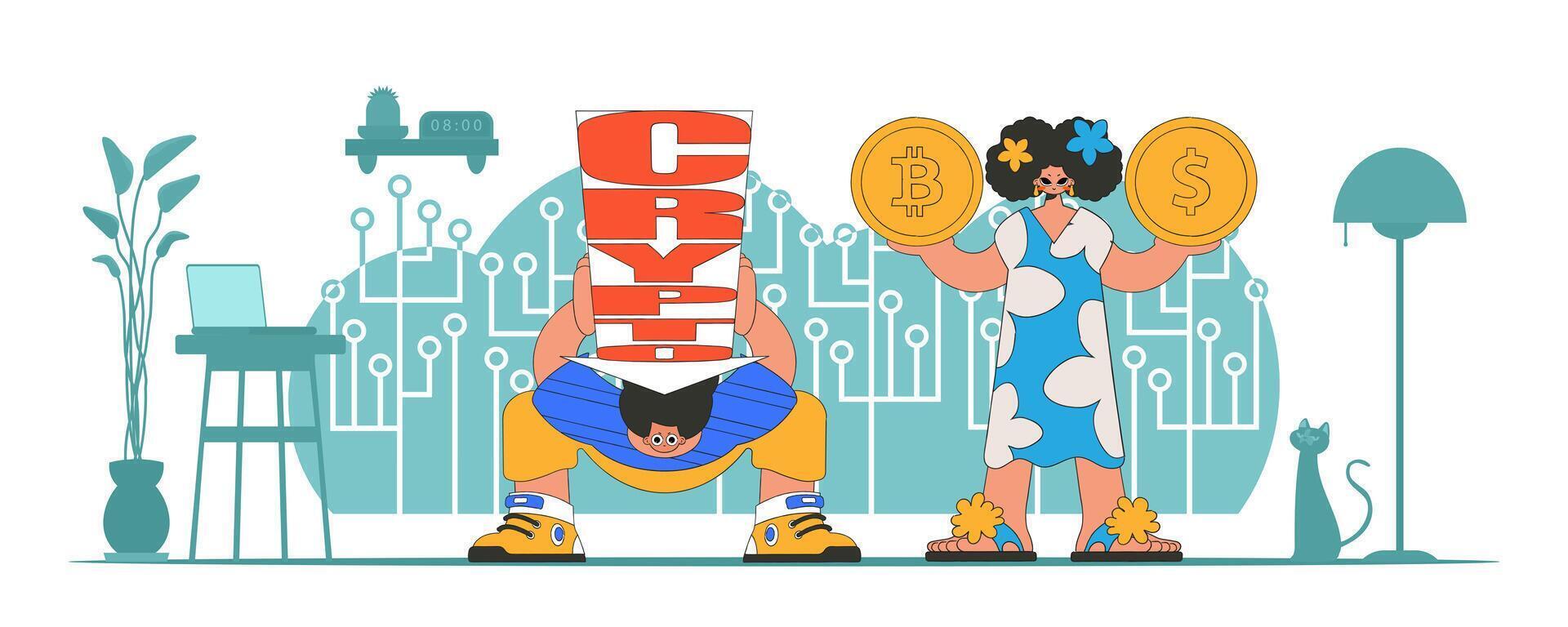 Cryptocurrency management theme. People interact with crypto assets. vector