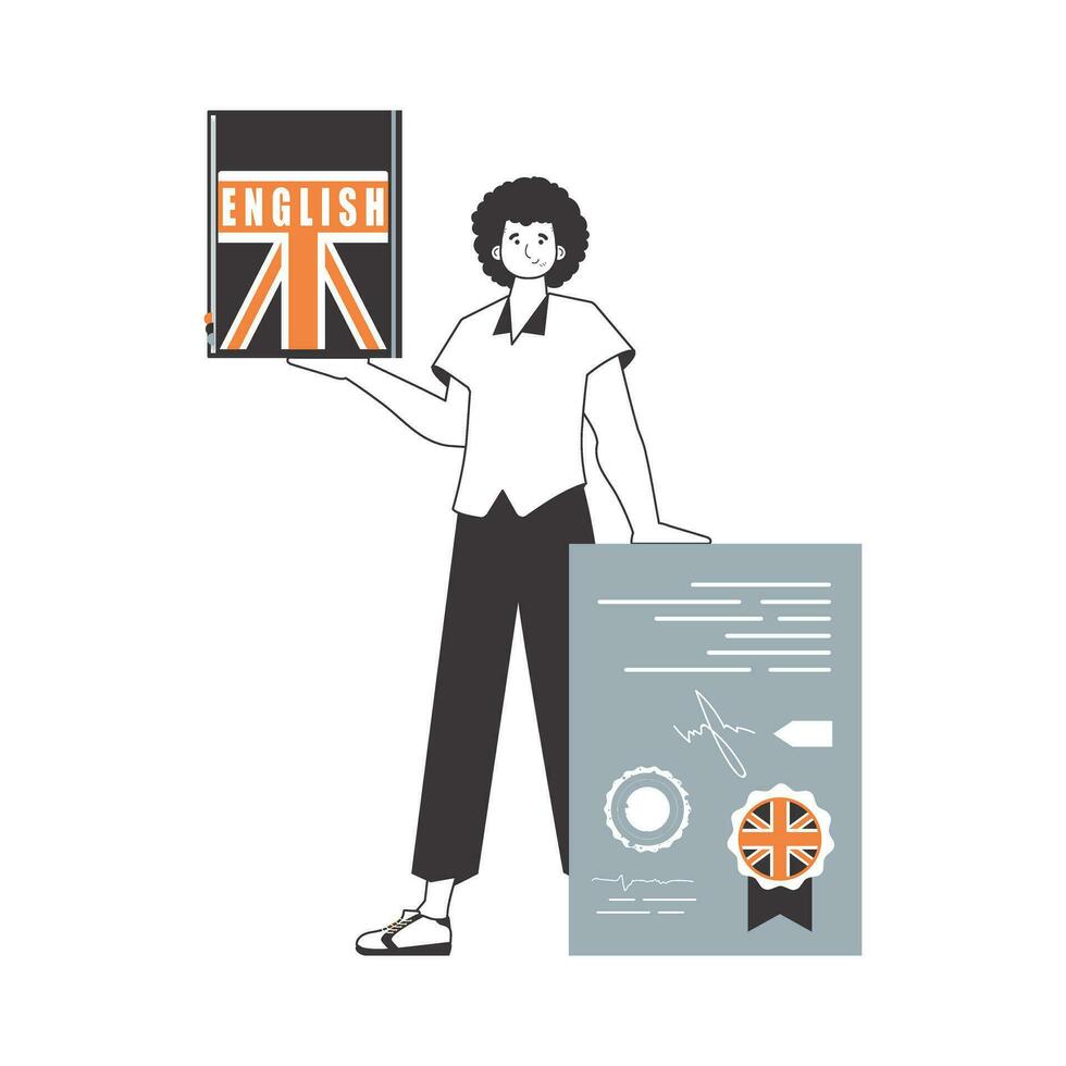 Guy English teacher. The concept of learning English. Linear style. Isolated, vector illustration.