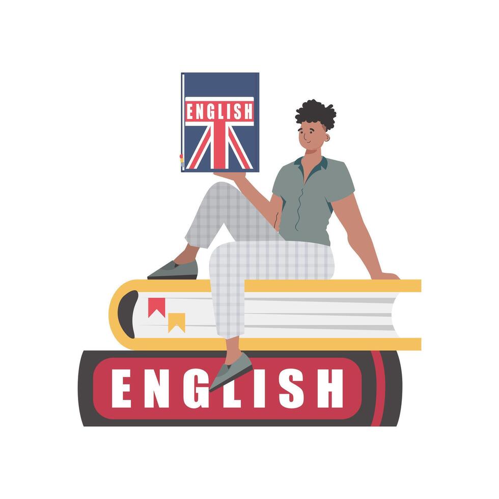 A man sits on books and holds an English dictionary in his hands. The concept of learning English. Isolated. Flat modern style. . vector