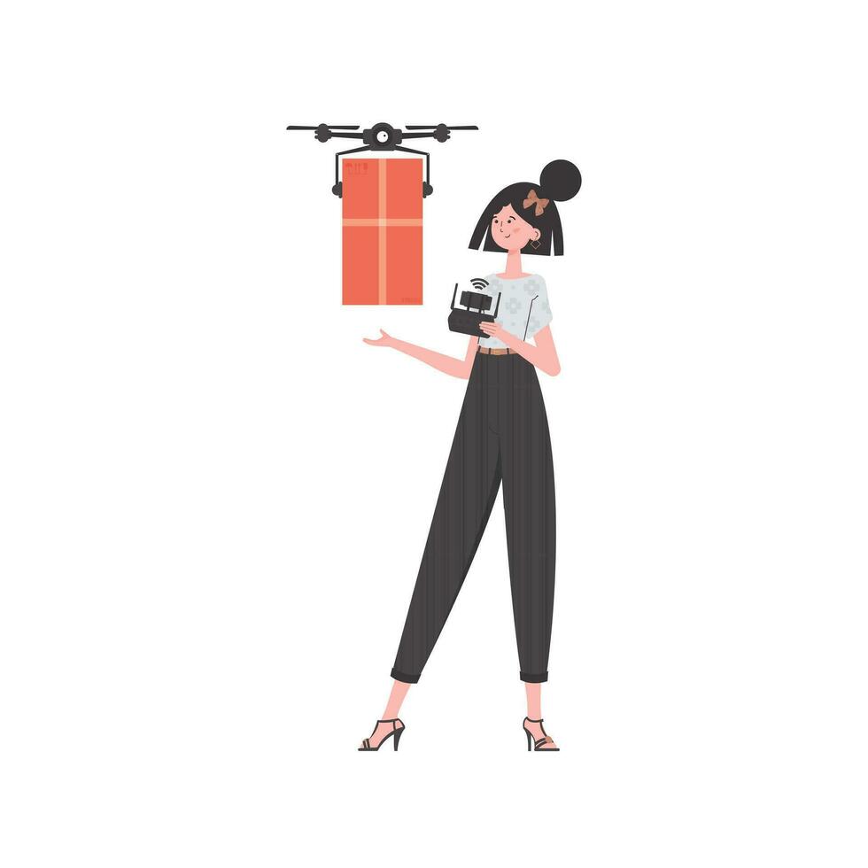 The concept of cargo delivery by air. A woman controls a drone with a parcel. Isolated on white background. trendy style. Vector illustration.