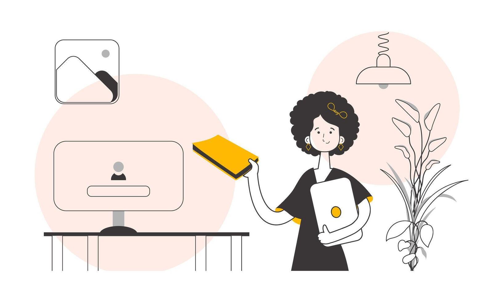 The girl is holding a book and a laptop in her hands. Line art style. . vector
