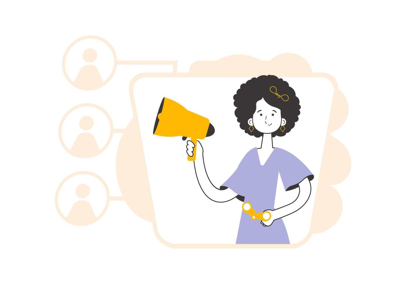 A woman holds a bullhorn and binoculars in her hands. Job Search Theme. H.R. Linear style. vector