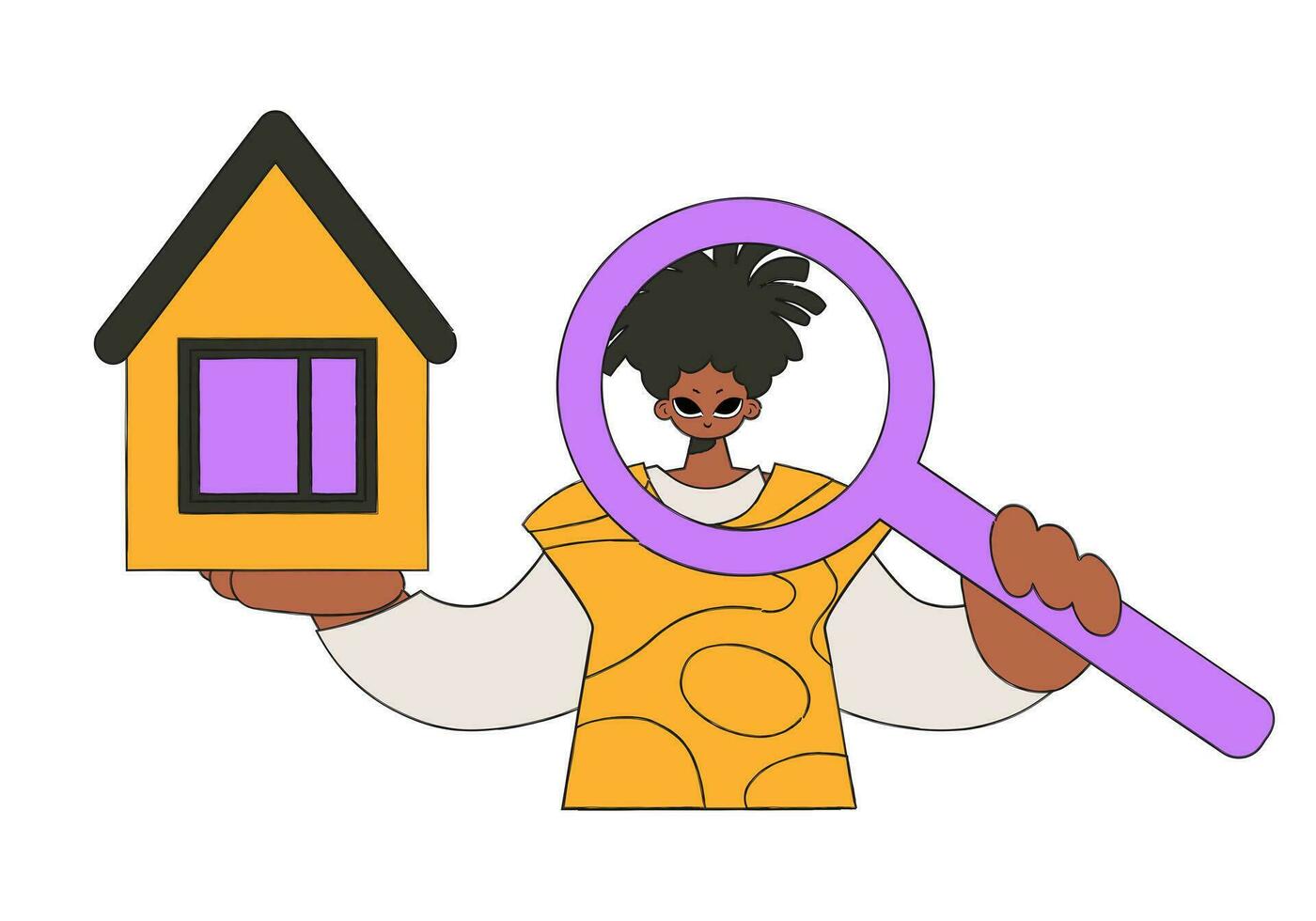 Male real estate agent holding a house and a magnifying glass. Home ownership. vector