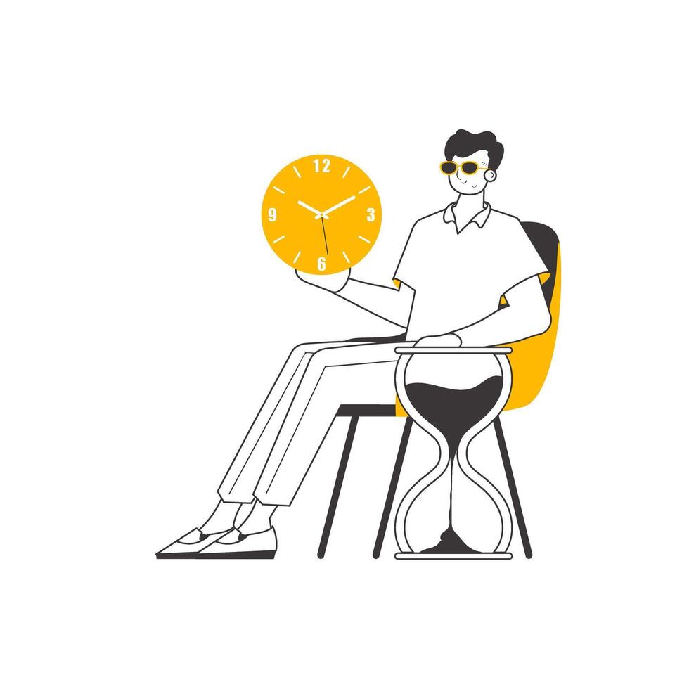 The man is holding a watch. Time management concept. Linear trendy style. Isolated. Vector illustration.