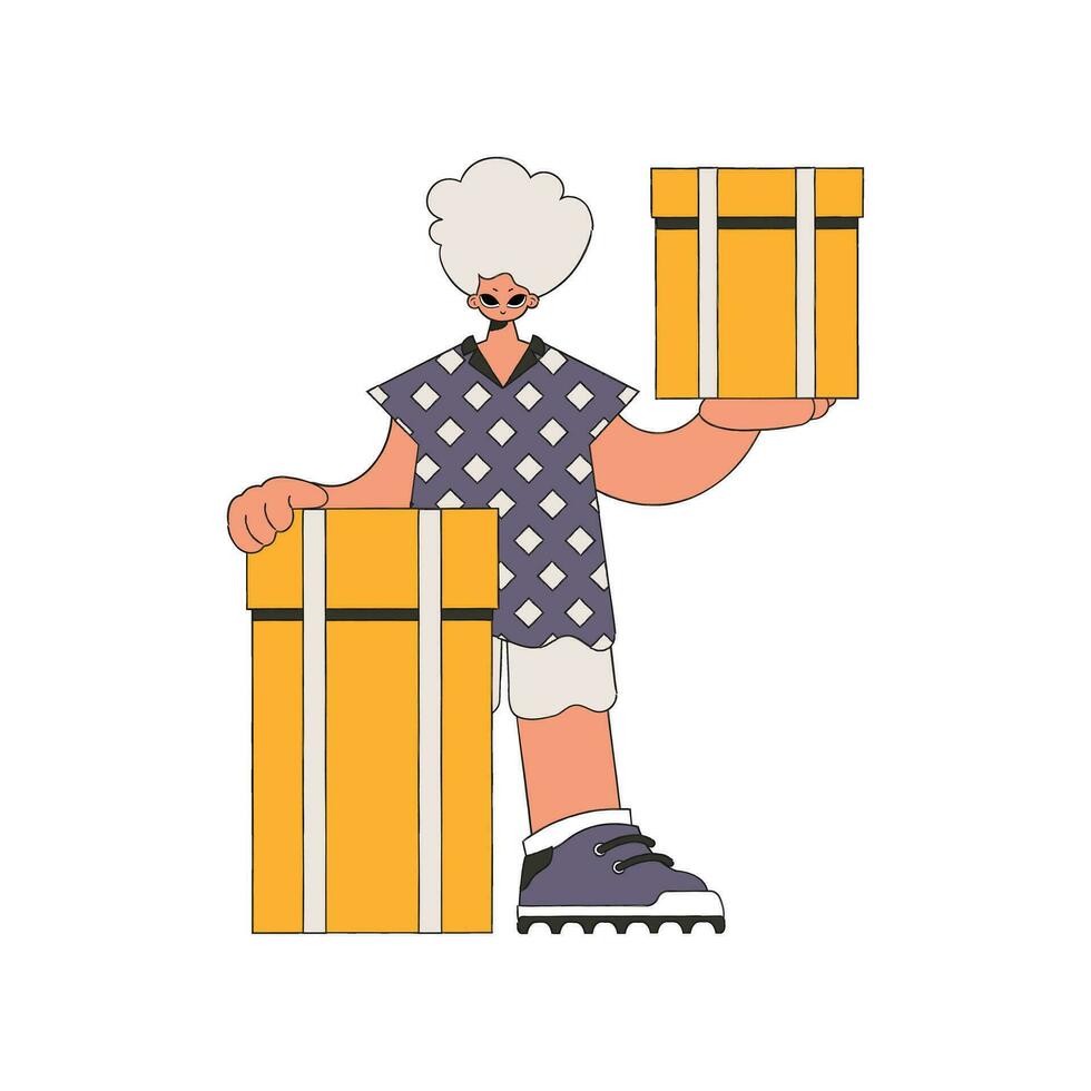 Charming man holding boxes in his hands. Parcel and cargo transportation. vector