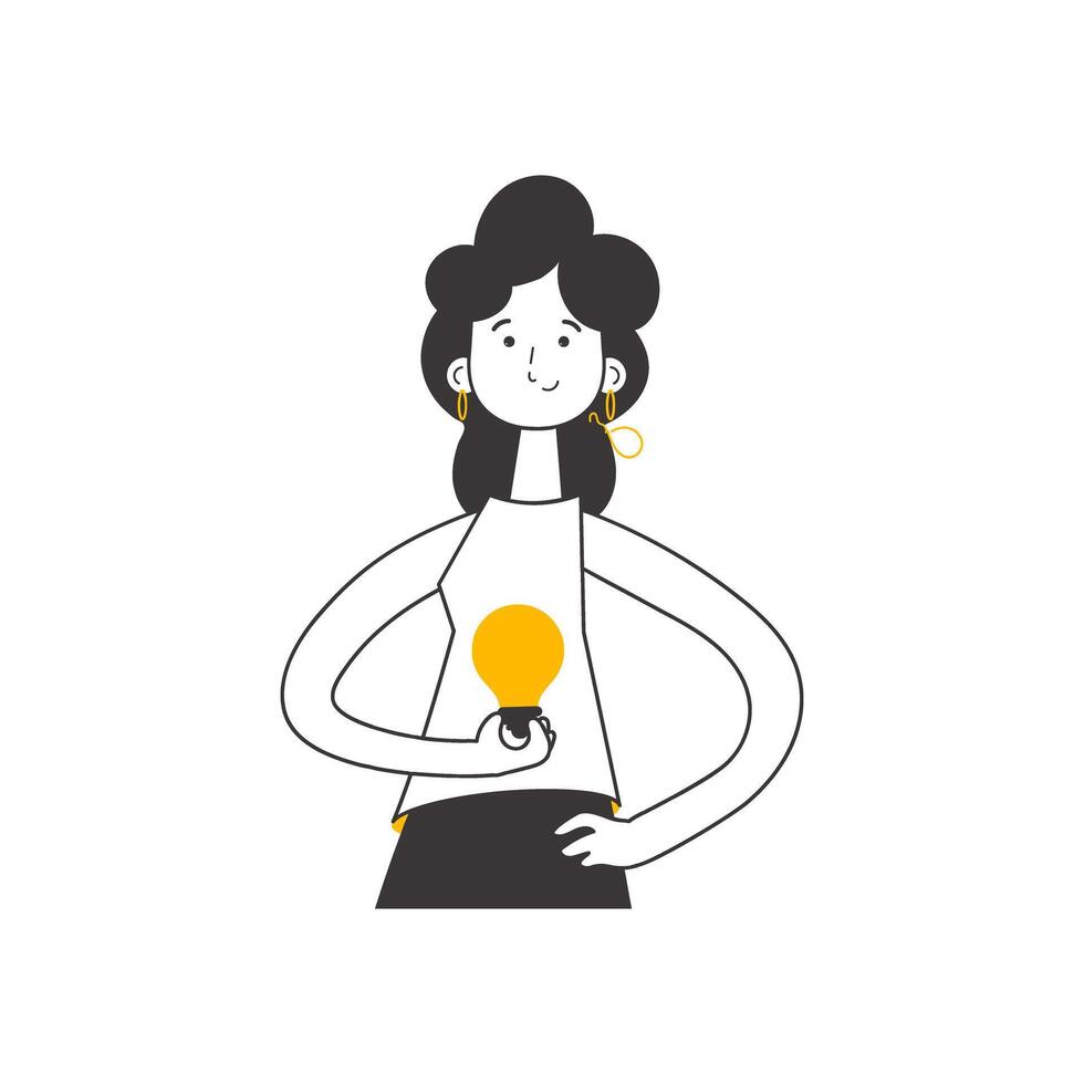 Girl and light bulb. Idea concept. Vector. Isolated on white background. Lines modern style. vector