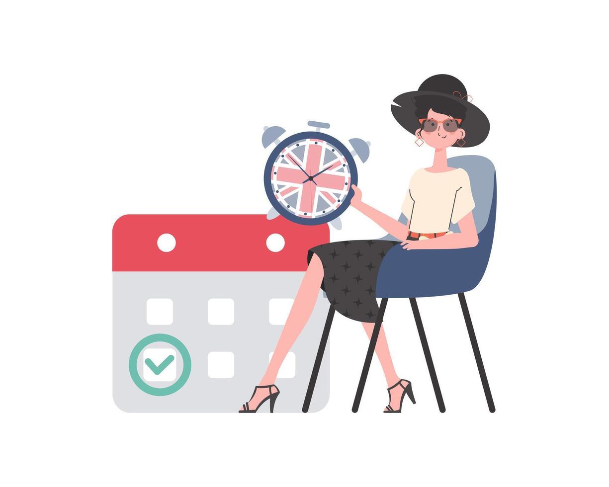 Girl, a calendar with a marked date and a clock. The concept of