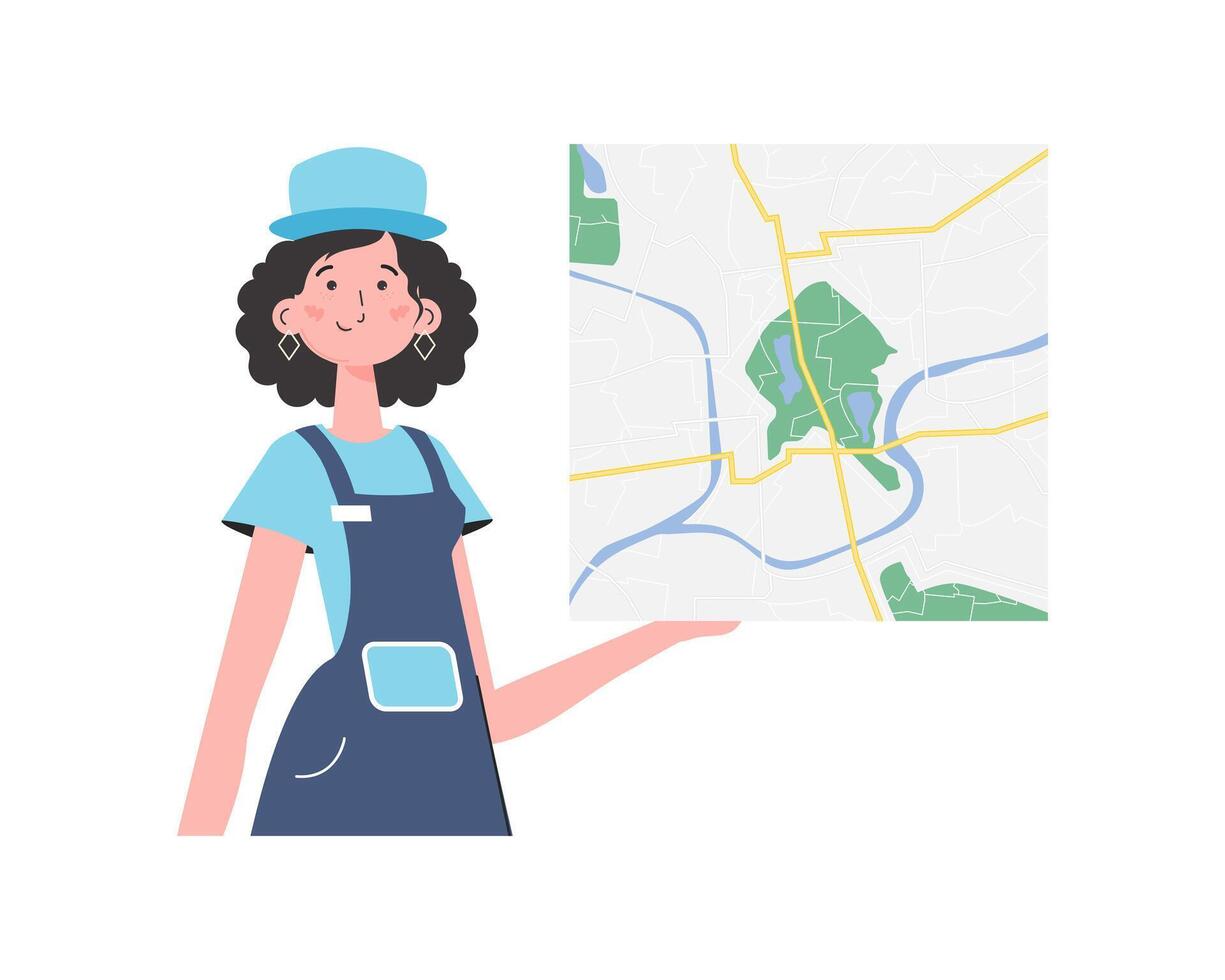 The girl is holding a map. Cartoon style character is depicted to the waist. Isolated on white background. . vector
