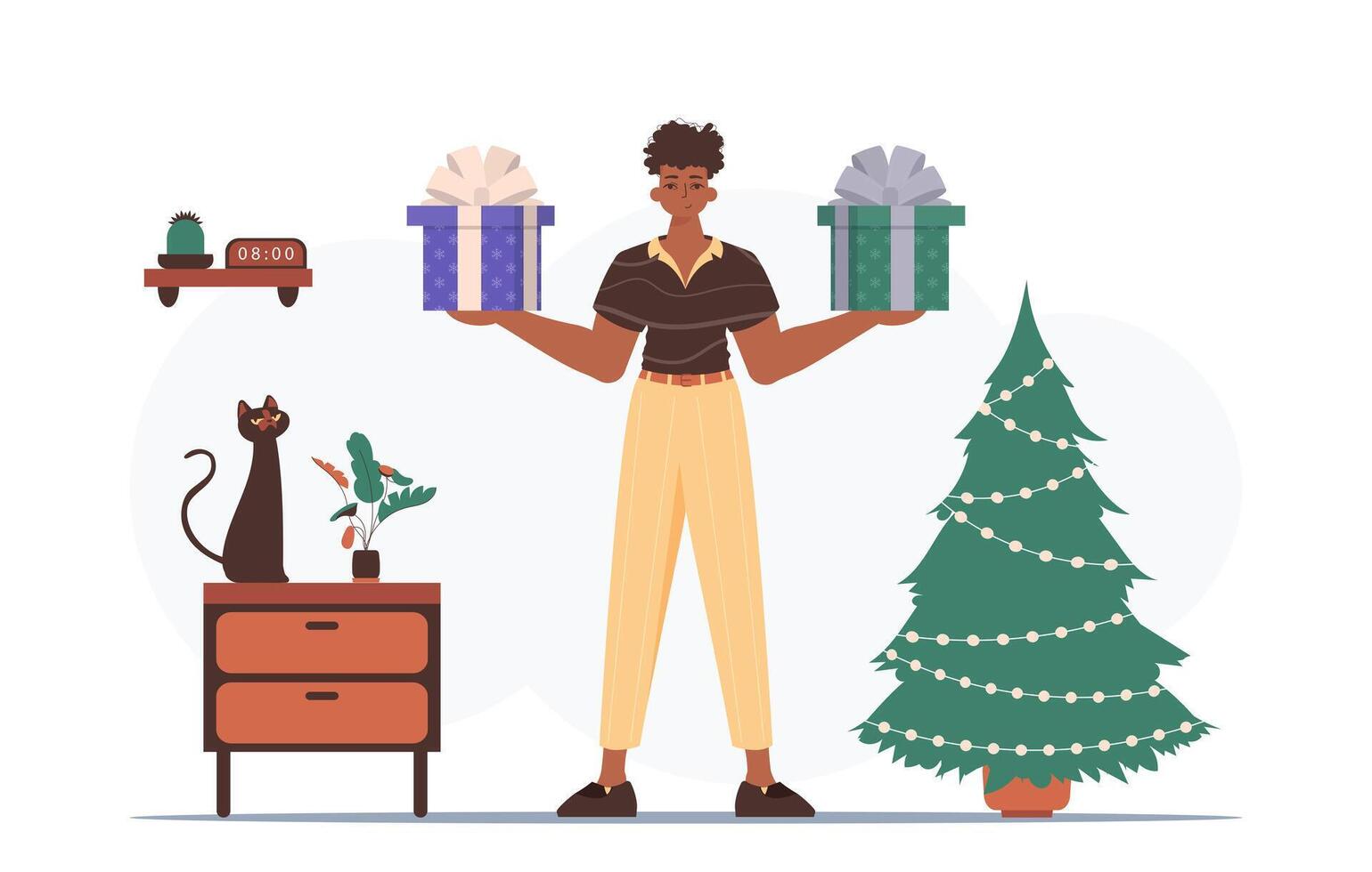 Gift concept for christmas or new year. A man holds a festive gift box in his hands. vector