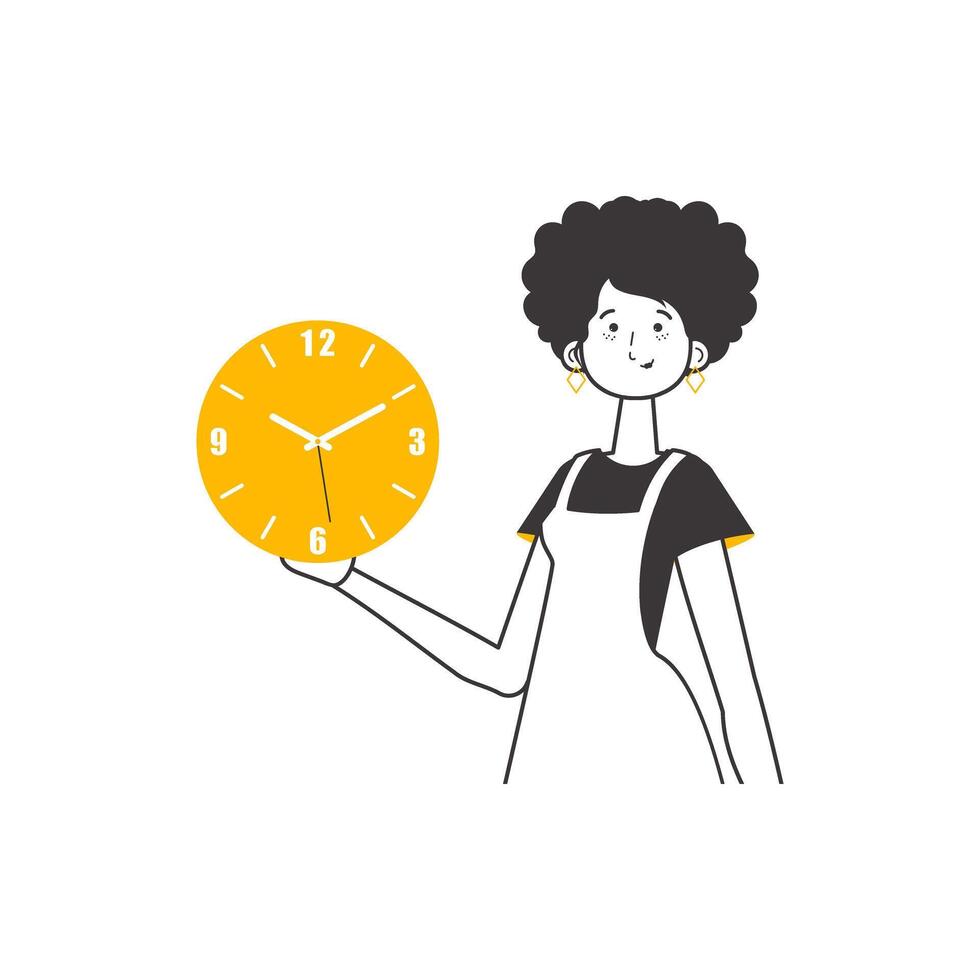 The girl is holding a watch in her hands. Time management concept. Lineart. Isolated. Vector illustration.