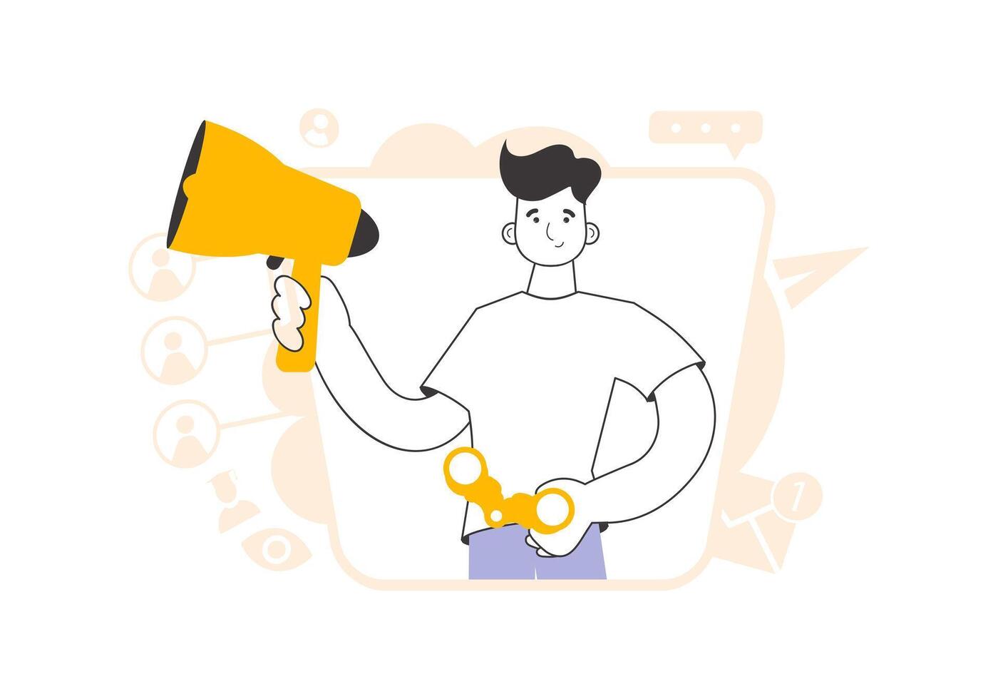 A man holds a mouthpiece and binoculars in his hands. Job Search Theme. H.R. Linear modern style. vector