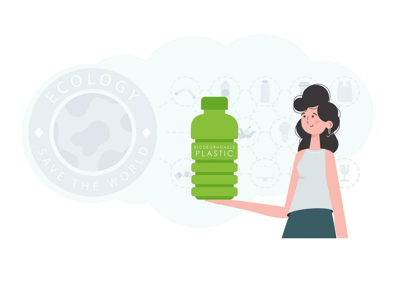 The concept of ecology and care for the environment. The girl holds a bottle made of biodegradable plastic in her hands. Fashion trend vector illustration.