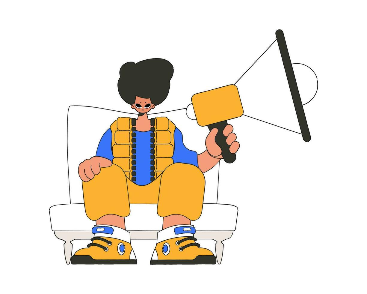 Stylish man sits in a chair and holds a megaphone. Good for job search topics. vector