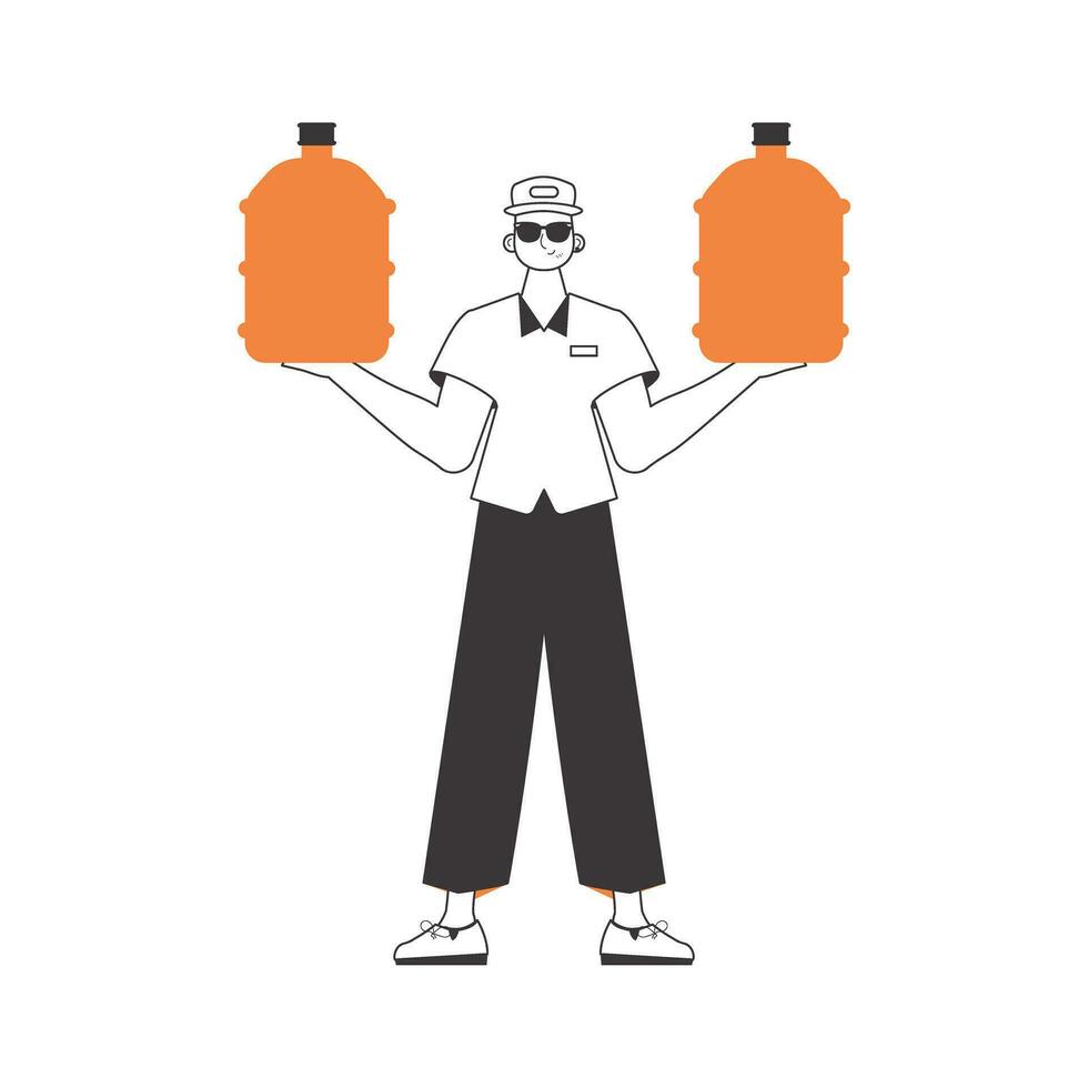 Water delivery concept. The porter holds a bottle of water in his hands. Linear trendy style. vector