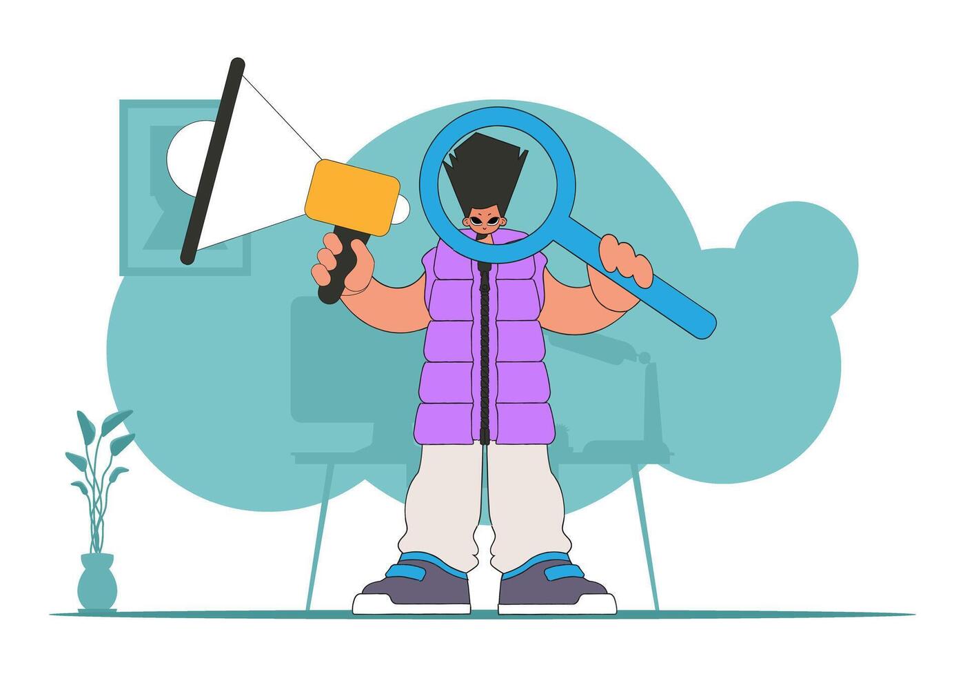 Topic Human resource and recruitment. A guy with a megaphone, symbolizing the search for people in the labor market. vector