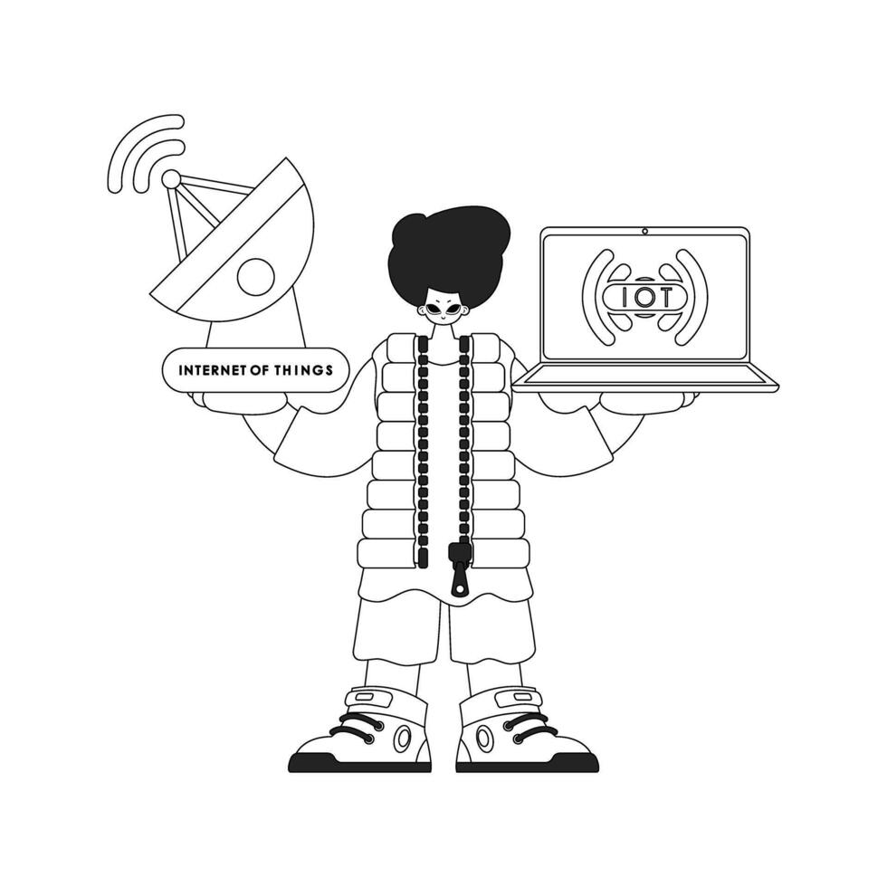 A person grasping an antenna and laptop to link with IoT info, drawn in a linear vector format