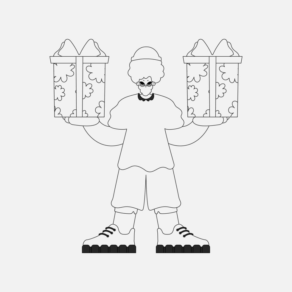 Charming man holds a gift in his hands. Linear style character. vector