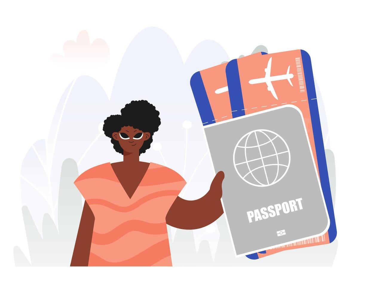 A woman holding a passport and an airplane vector