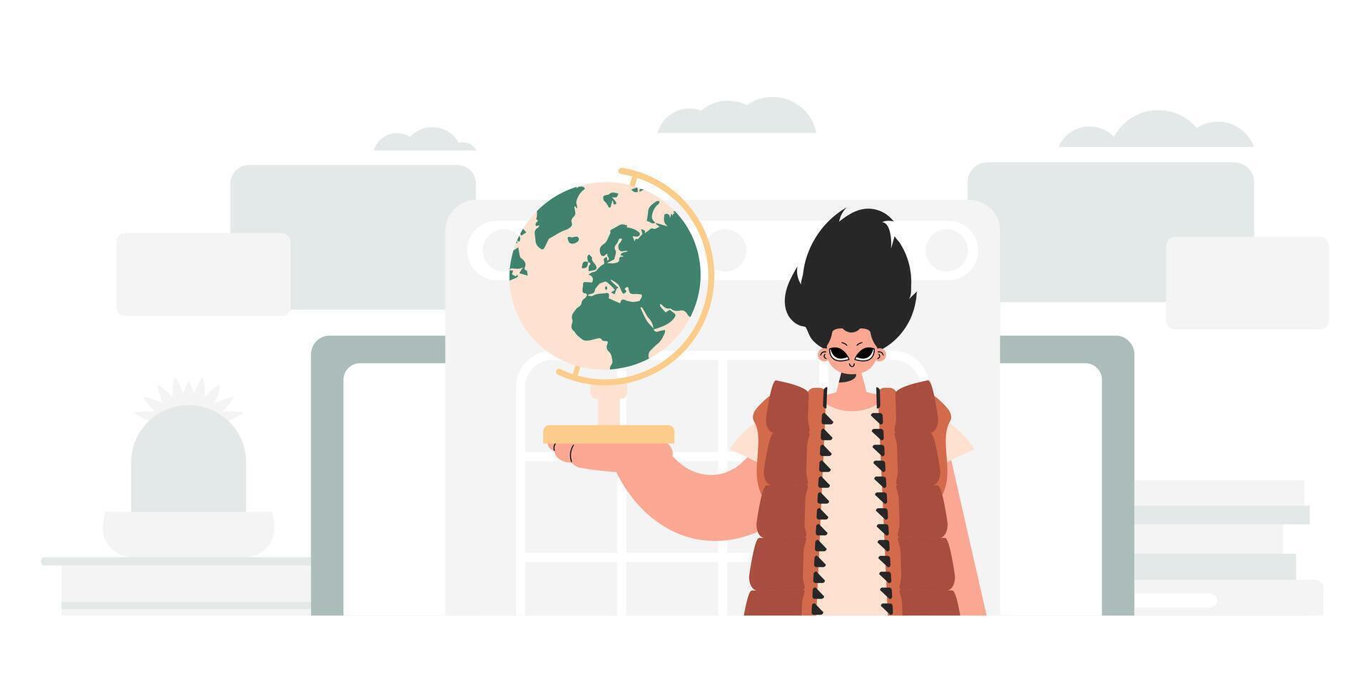The person is holding a colossal globe, the subject of learning. Trendy style, Illustration vector