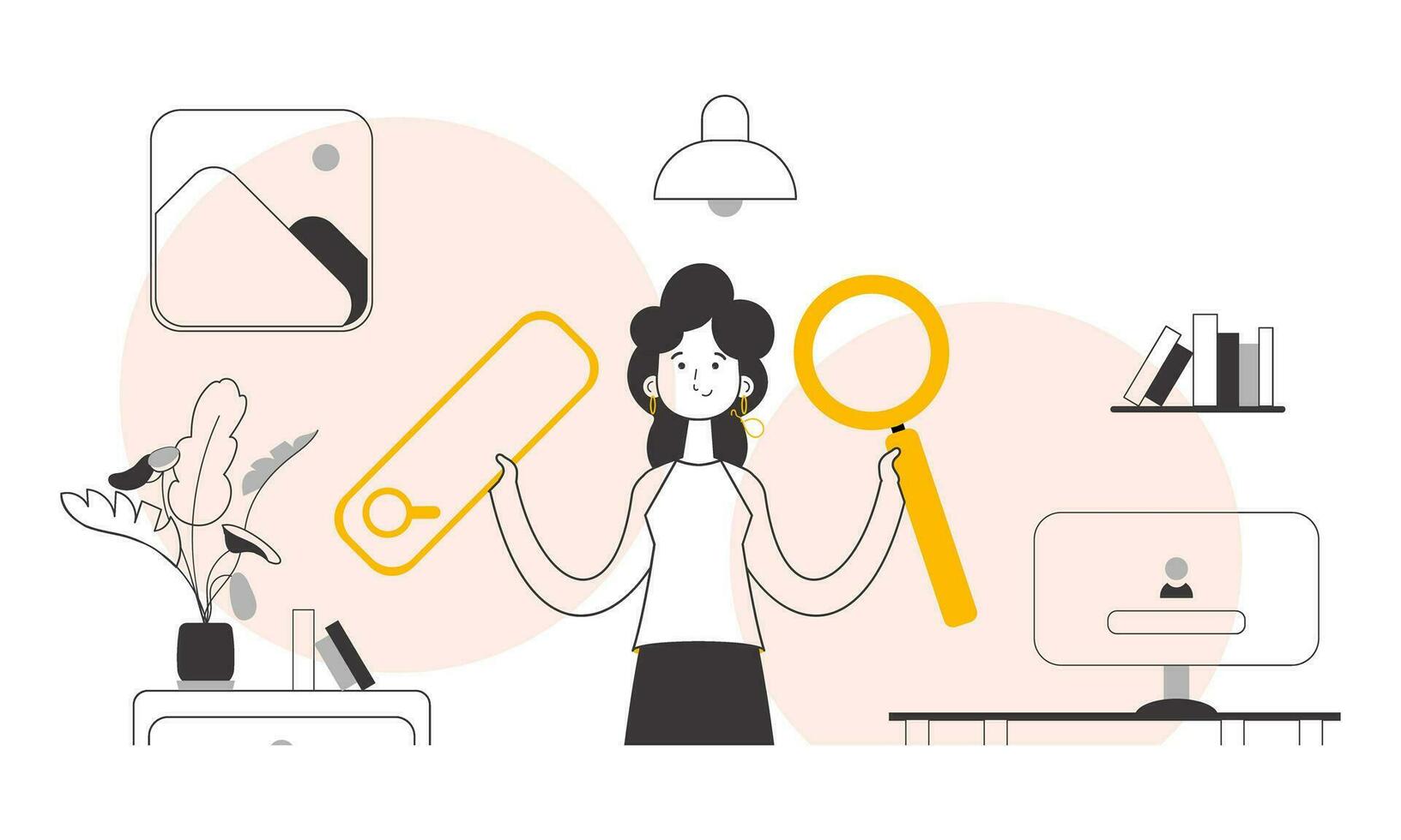 A woman holds a magnifying glass in her hands. Search concept. Lines modern style. Vector. vector