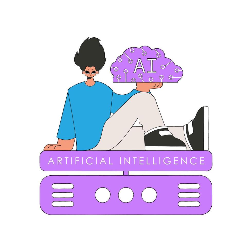 Illustration of a man carrying a robotic brain, symbolizing AI. vector