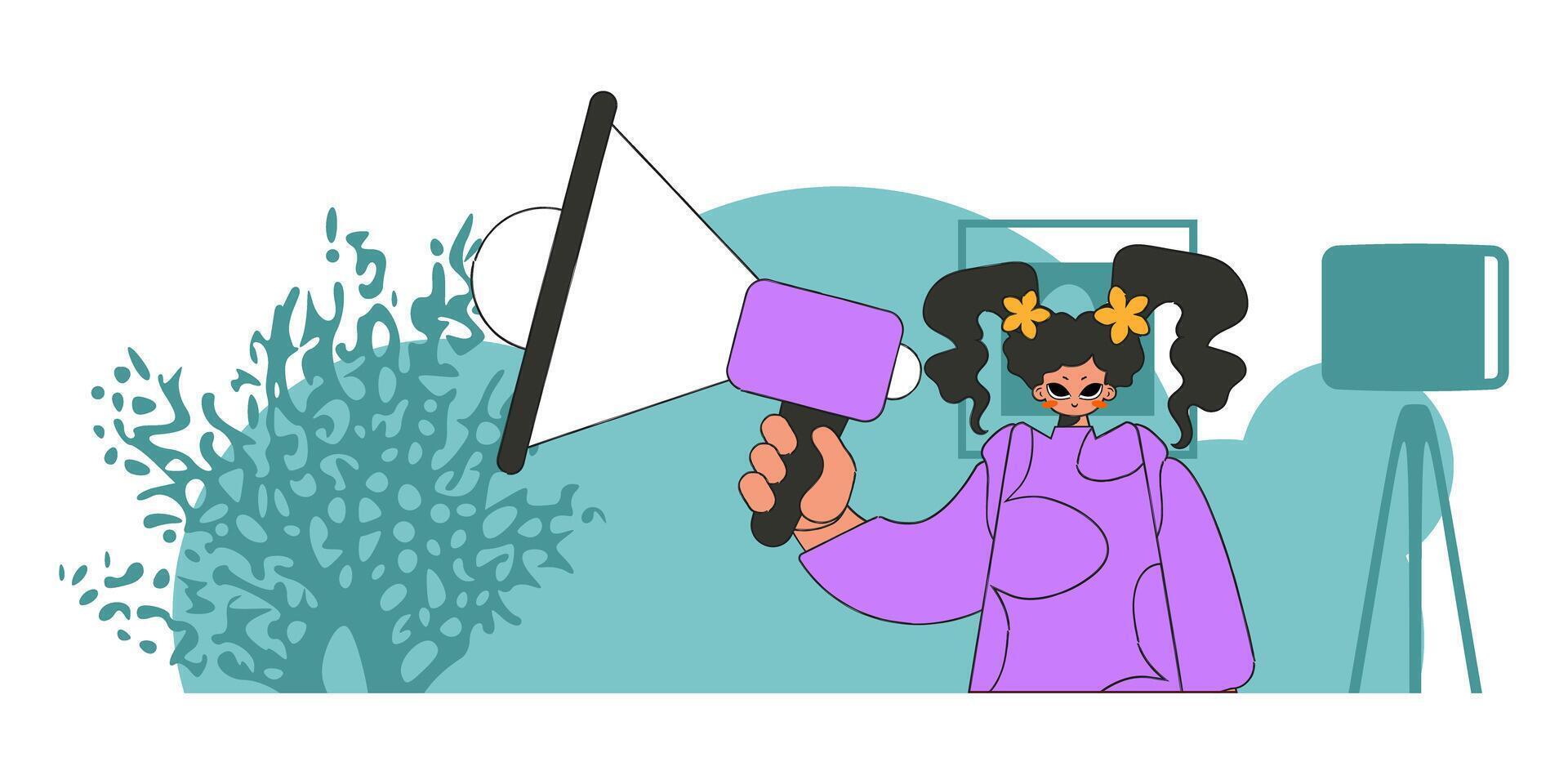 Concept Attraction and search of personnel. The girl is holding a megaphone in her hands. vector