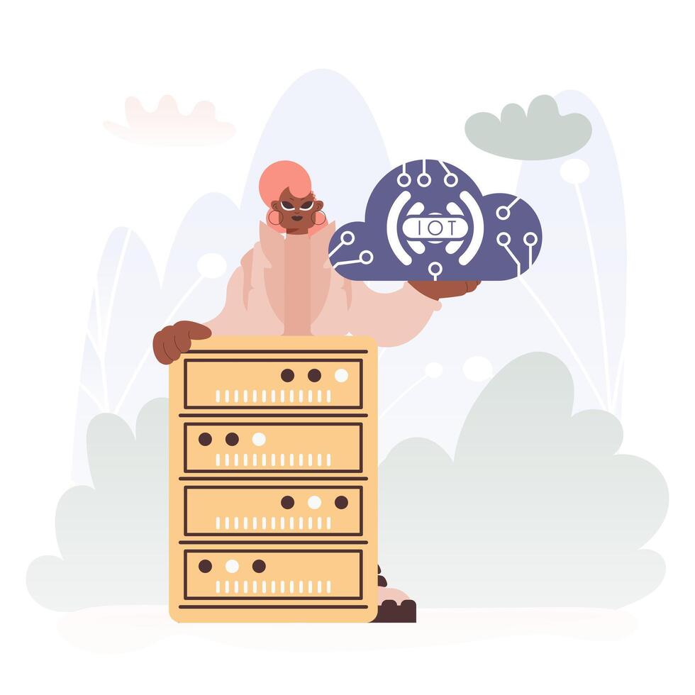 Young lady Grasping the IoT Symbol In the midst of a Organize of Servers, Symbolizing the Interconnectivity and Mechanical Headways of Advanced Times. vector