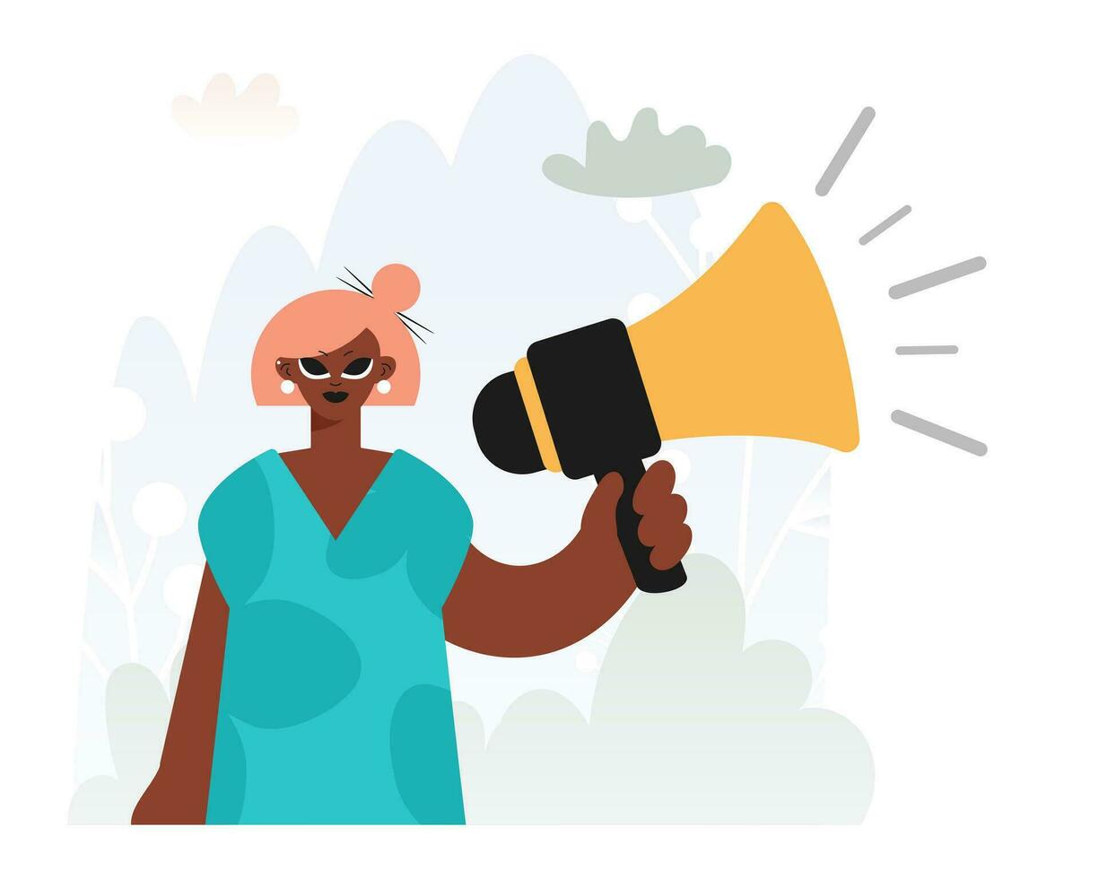 Locks in Voices in Activism, Energized lady with Bullhorn, Nullify this thought Rally Subject. Trendy style, Vector Illustration
