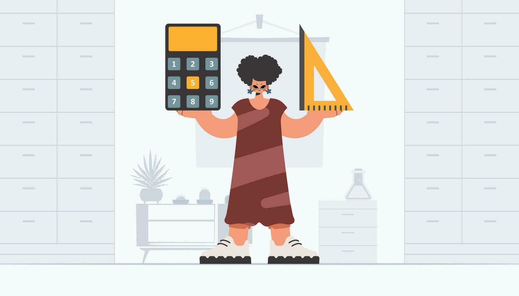 Energized woman holding a ruler and calculator, learning subject. Trendy style, Vector Illustration