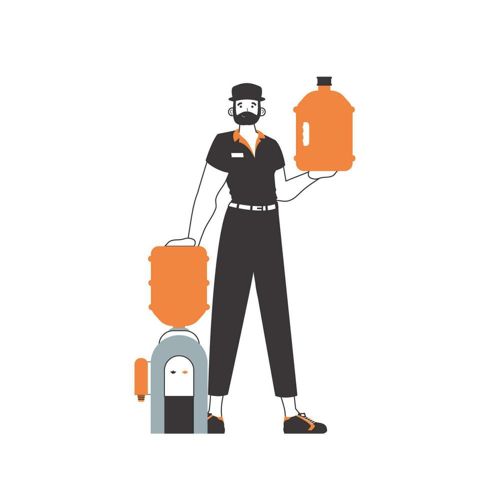 Water delivery concept. A man holds a bottle of water in his hands. Linear modern style. vector