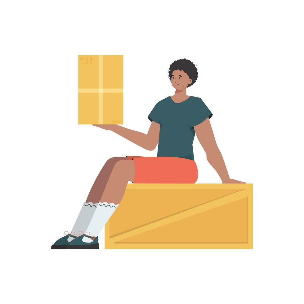 A man is sitting and holding a parcel. Delivery concept. Isolated. Vector illustration.