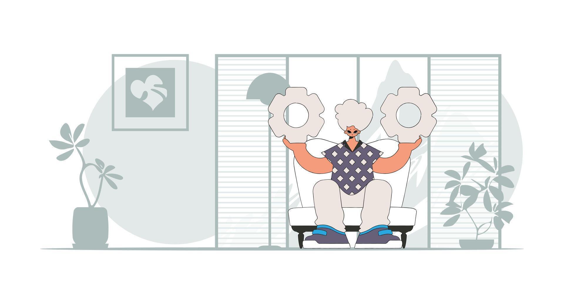 A sophisticated guy holds gears in his hands. Illustration on the theme of the appearance of an idea. vector
