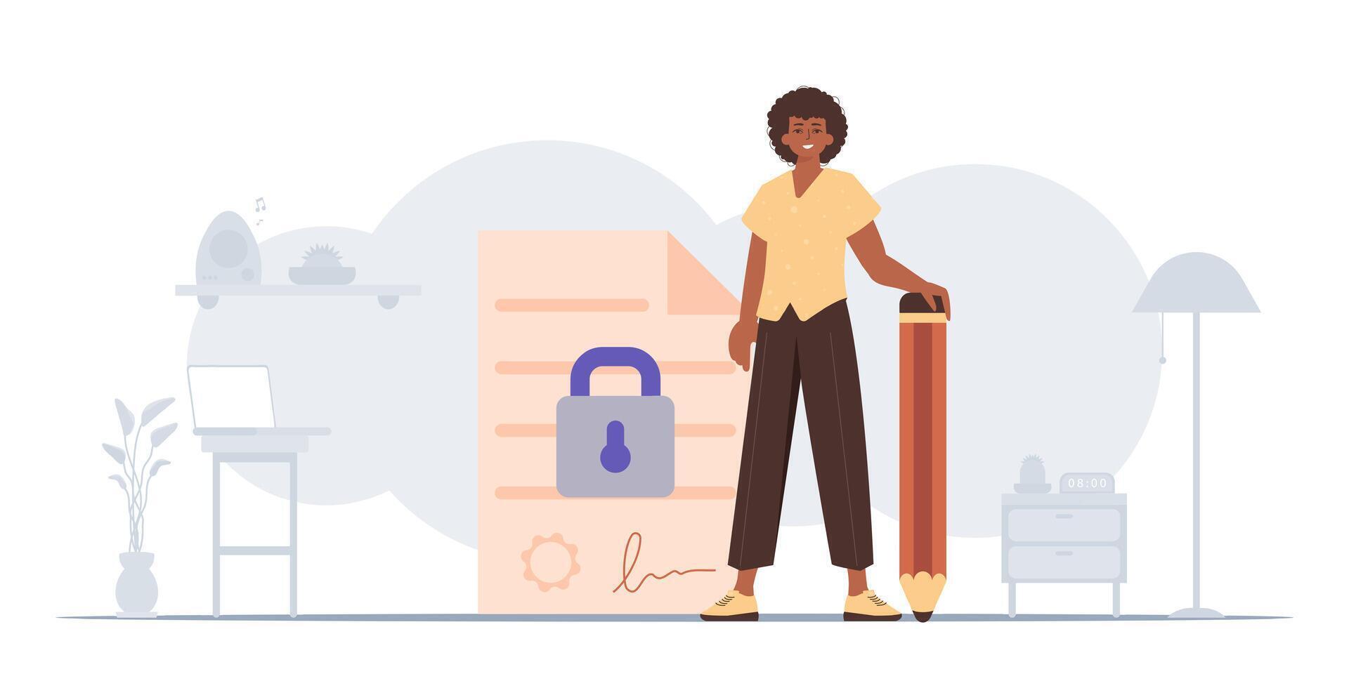 The concept of signing a smart contract. Data protection. The guy is standing near a large document and holding a pencil. vector