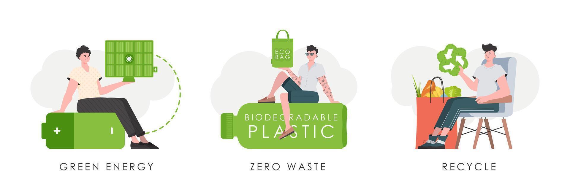 Set of men characters on the theme of ecology. Cartoon trendy style. . vector