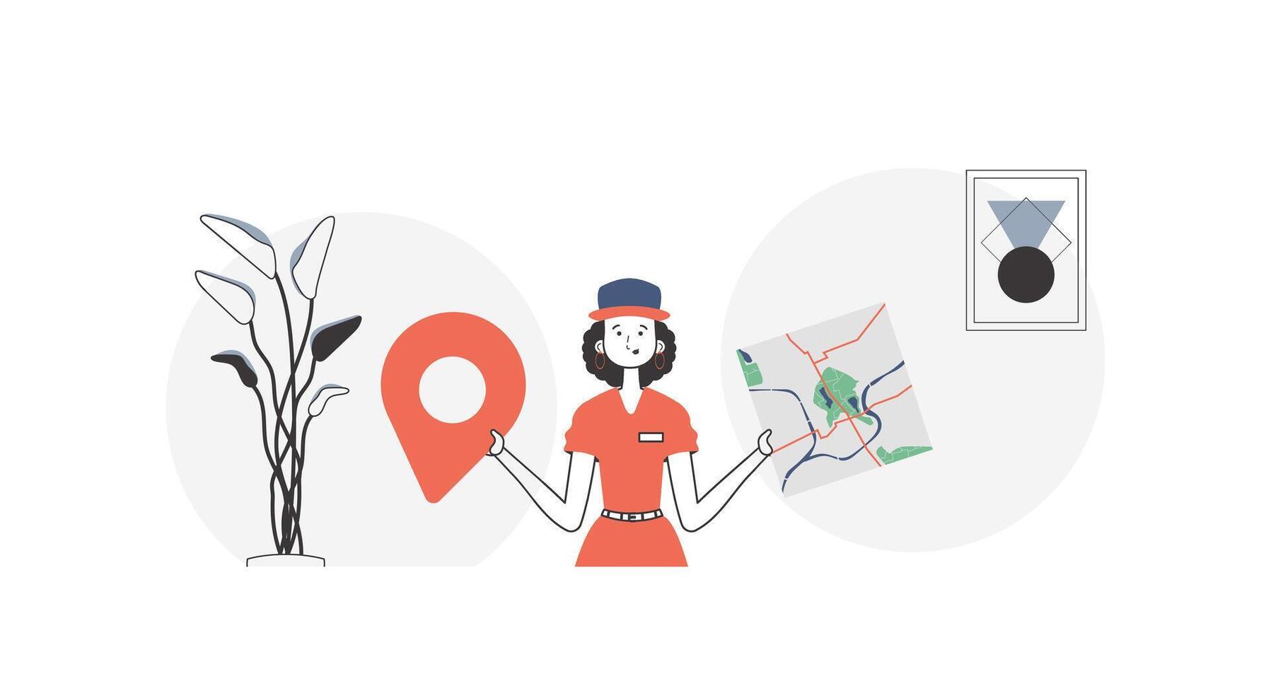 A woman with a map in her hands. Delivery concept. Linear trendy style. vector