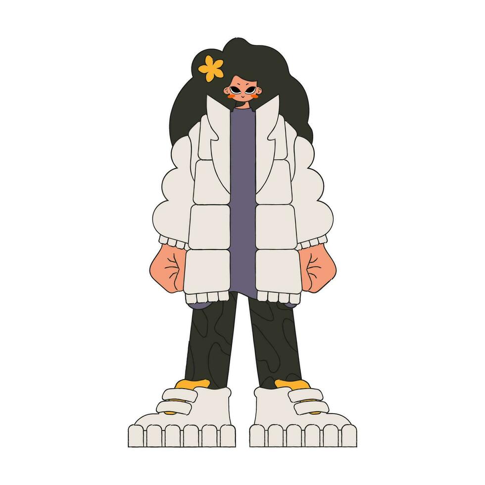 A girl in a long gray T-shirt and a beige jacket. vector