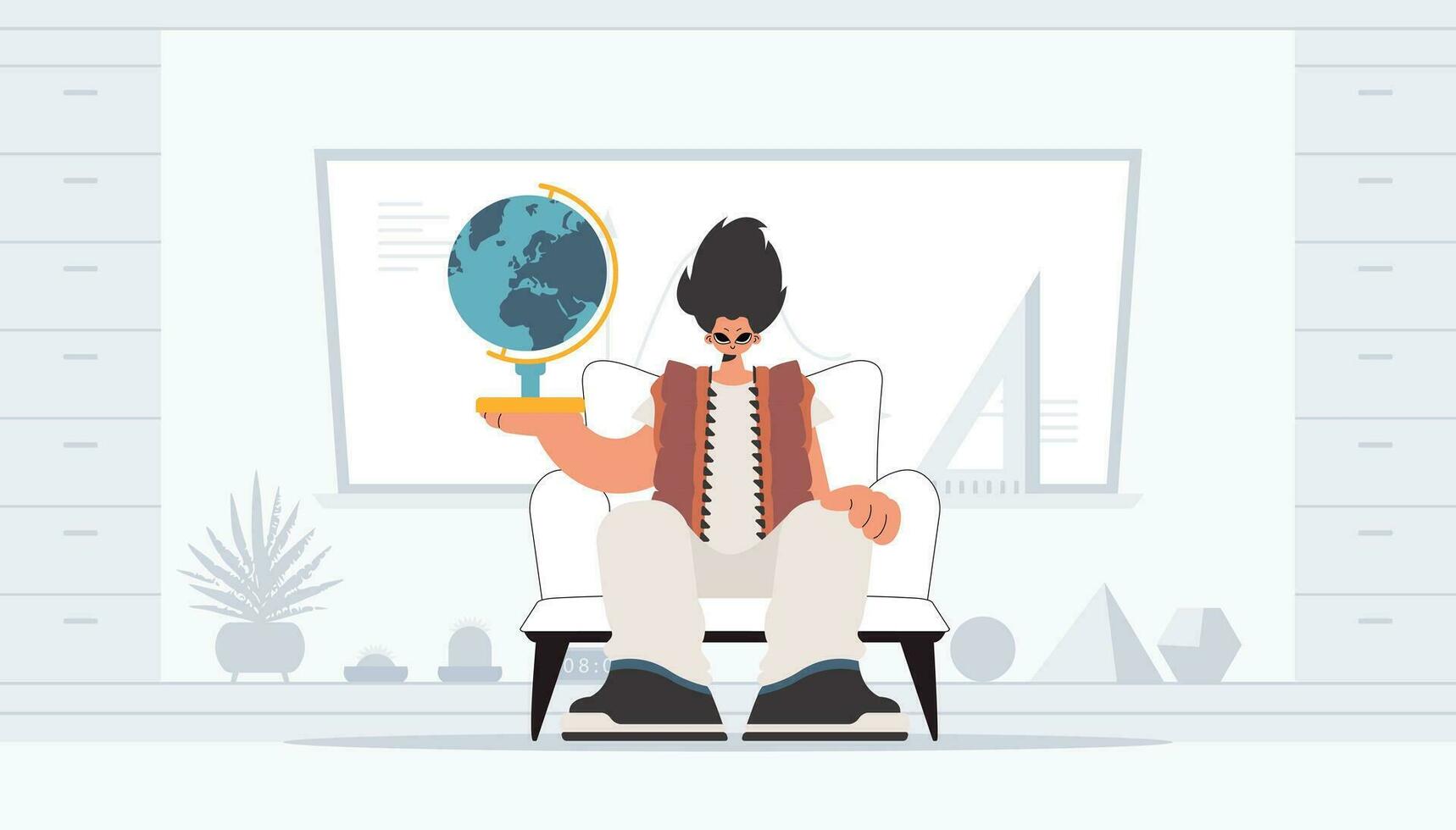 The person is holding a colossal globe, the subject of learning. Trendy style, Vector Illustration
