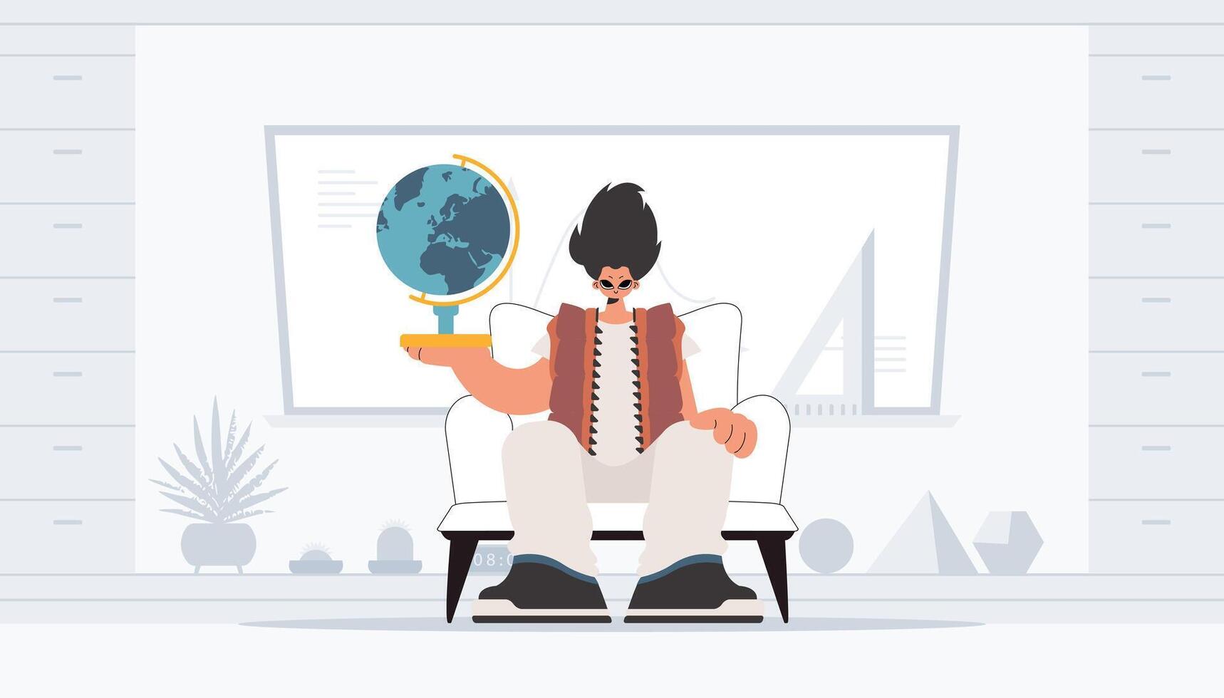 The person is holding a colossal globe, the subject of learning. Trendy style, Illustration vector