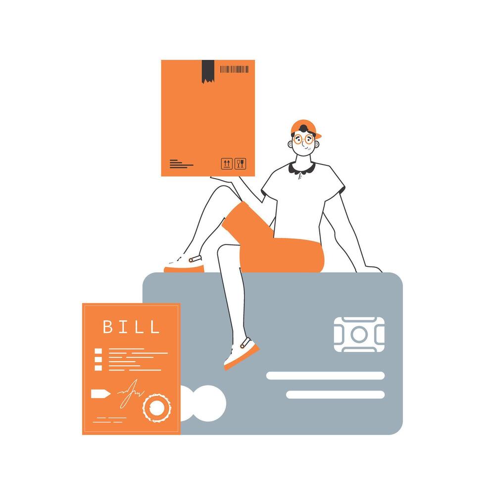 The guy is sitting on a bank card and holding a parcel. Parcel delivery concept. Linear trendy style. Isolated on white background. Vector illustration.