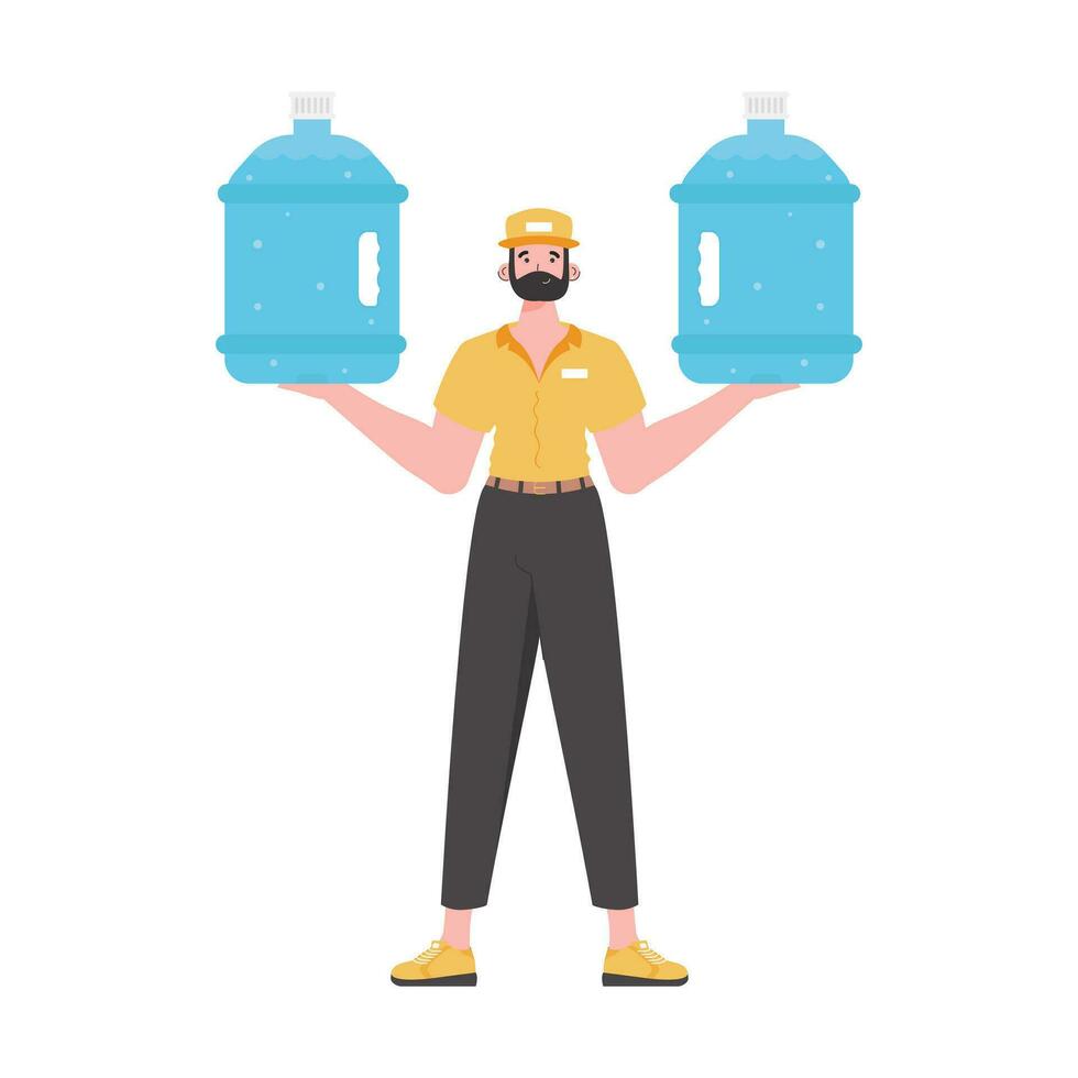 A man is holding a bottle of water. Delivery concept. Cartoon style character depicted in full growth. Isolated. Vector illustration.