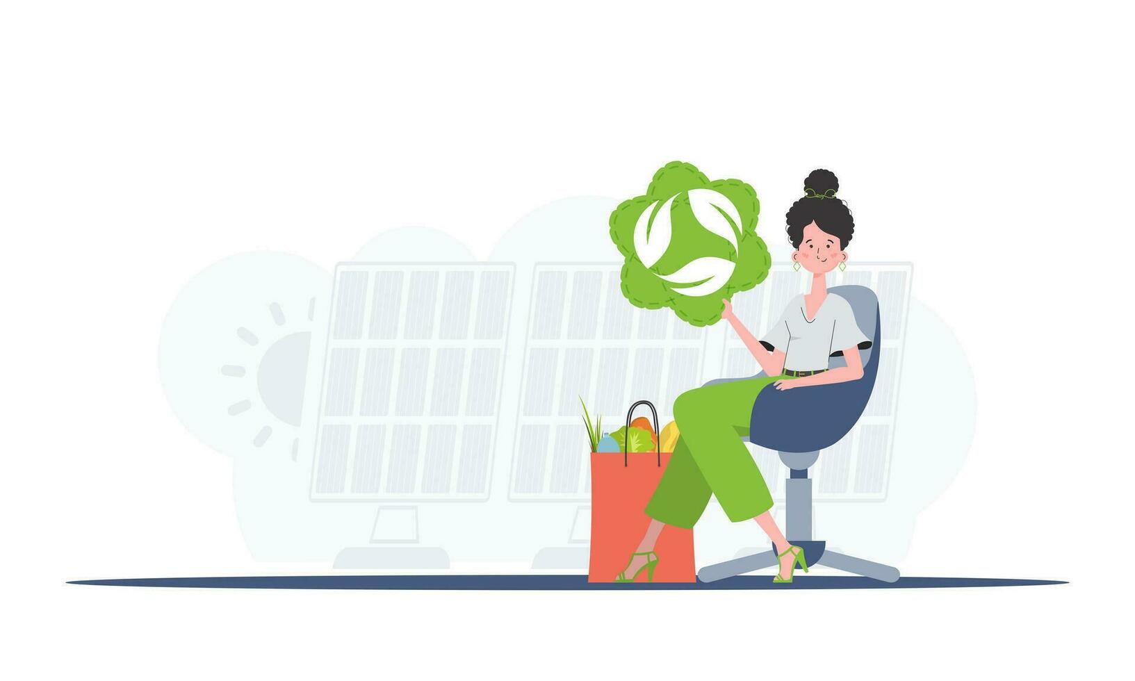 The girl is sitting next to a package with healthy food and holding an EKO icon. Healthy food, ecology, recycling and zero waste concept. Flat trendy style. Vector. vector