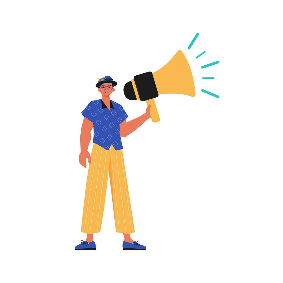 The guy is holding a bullhorn in his hand. Trendy style, Vector Illustration