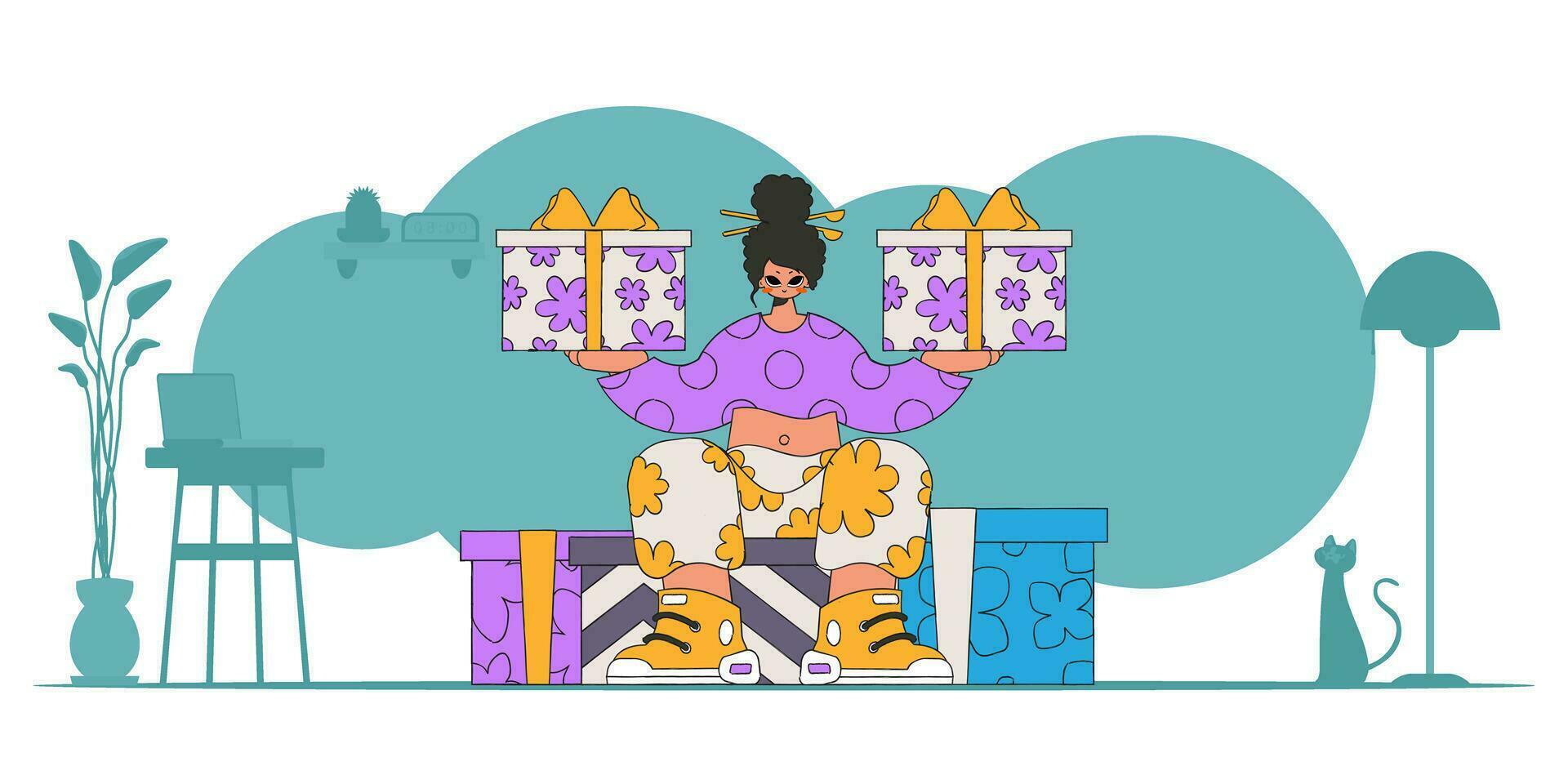 90s style. The girl is holding gifts. A woman sits on gift boxes. Holiday surprise concept. vector