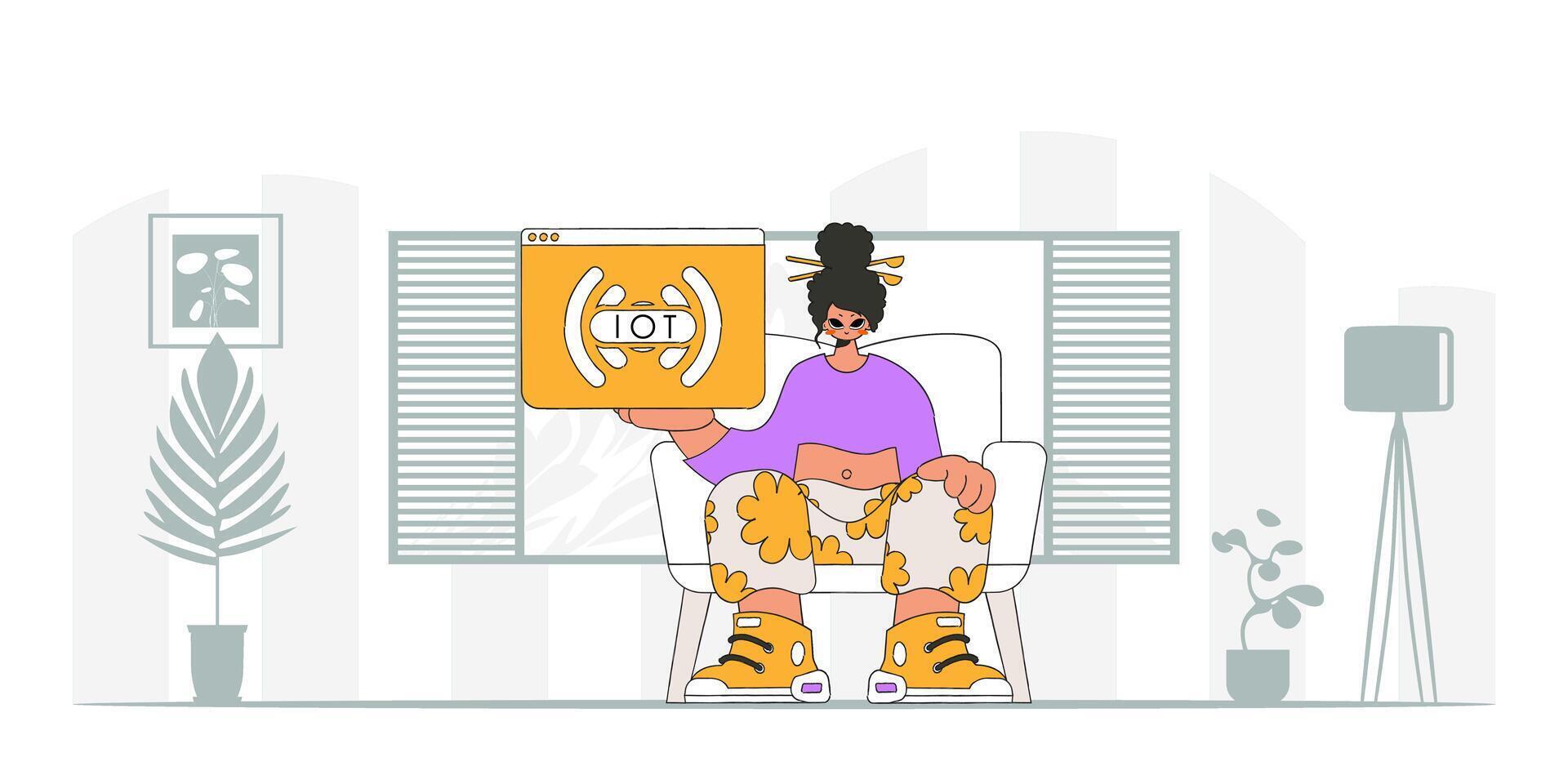 Girl sitting on the floor, cradling an IoT logo, rendered in a modern character style. vector